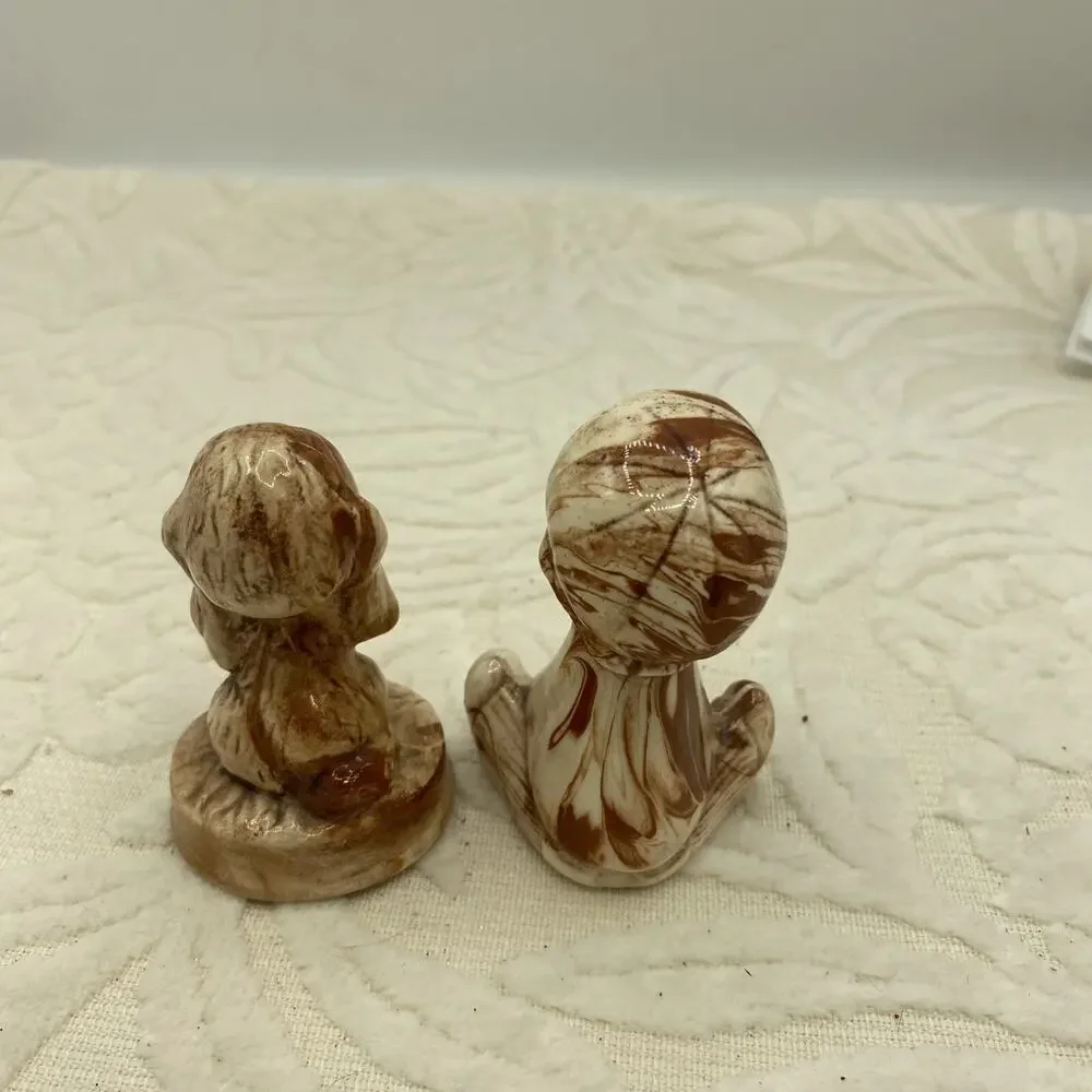 Handmade Glazed Boy with Little Dog Figurines Brown Swirl 2.5” Tall